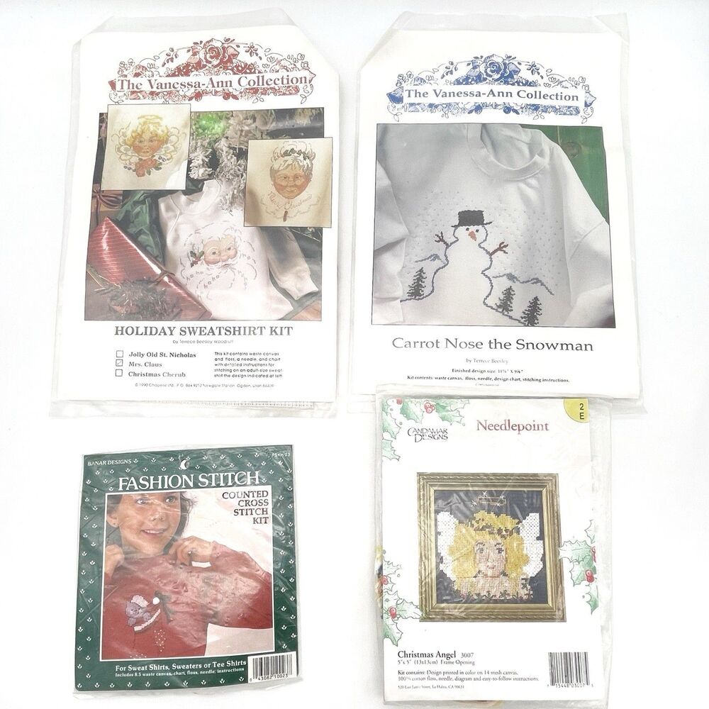 Vintage Holiday Cross Stitch & Needlepoint Kits Lot Of 4 NOS